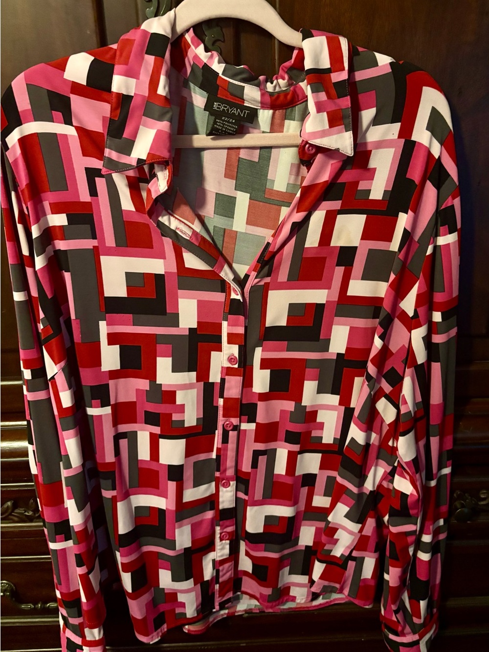 Lane Bryant Geometric Button-Front Blouse in Pink, Red, Black & White